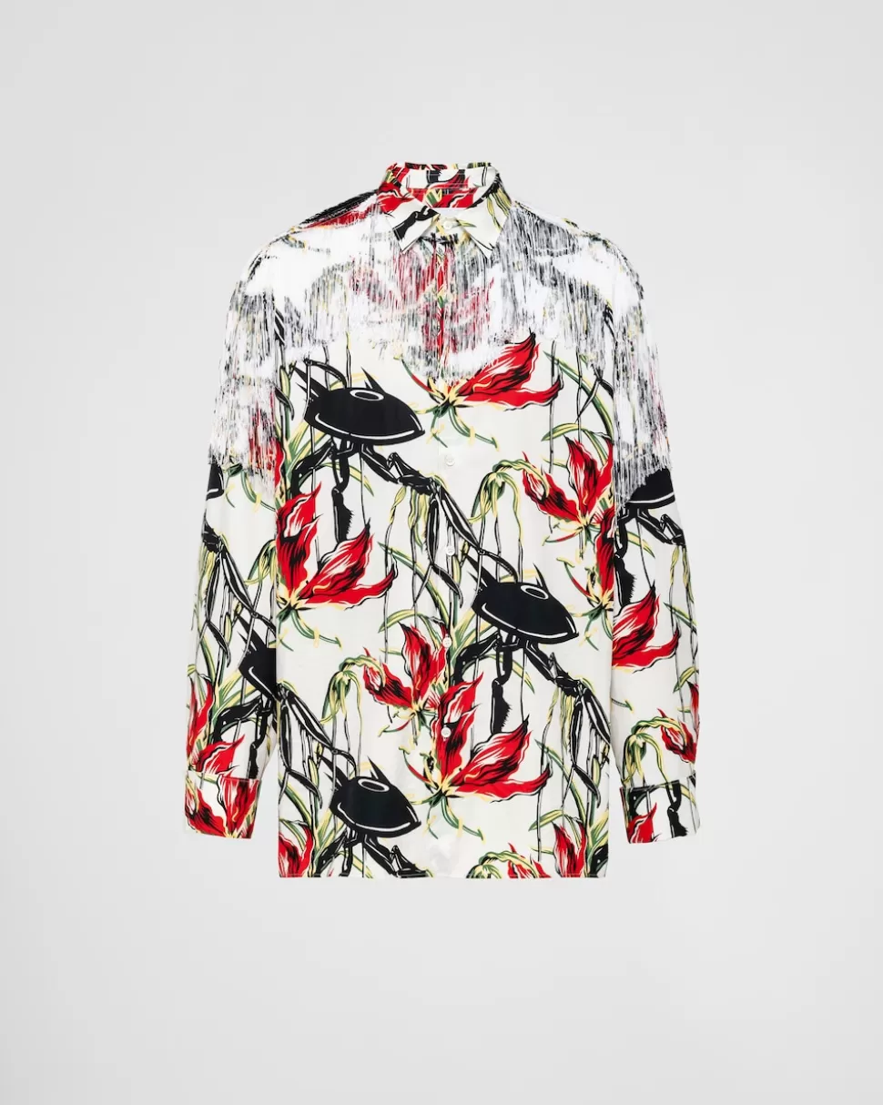 Prada Camisa De Algodón Estampada Con Flecos^Hombre CAMISAS