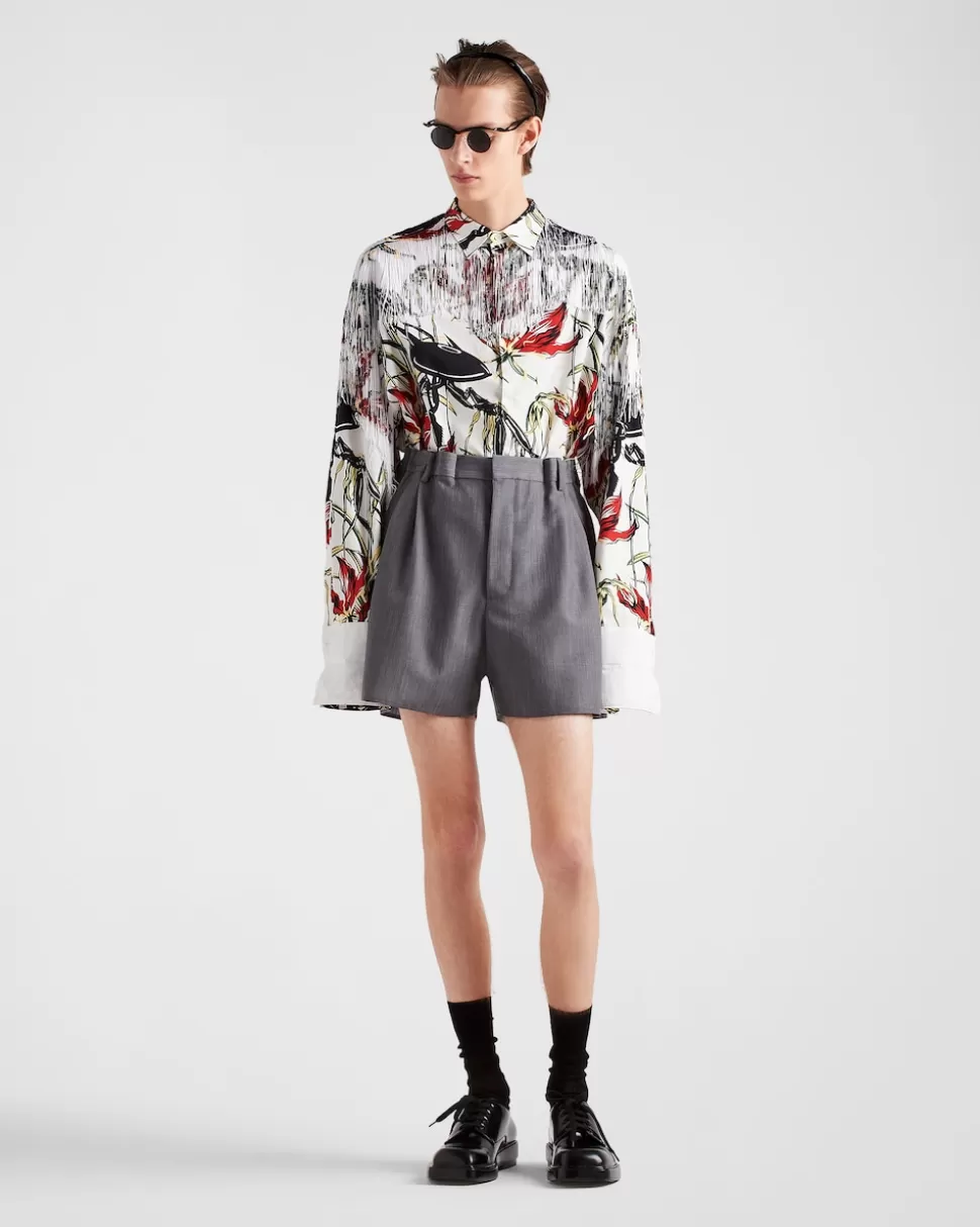 Prada Camisa De Algodón Estampada Con Flecos^Hombre CAMISAS