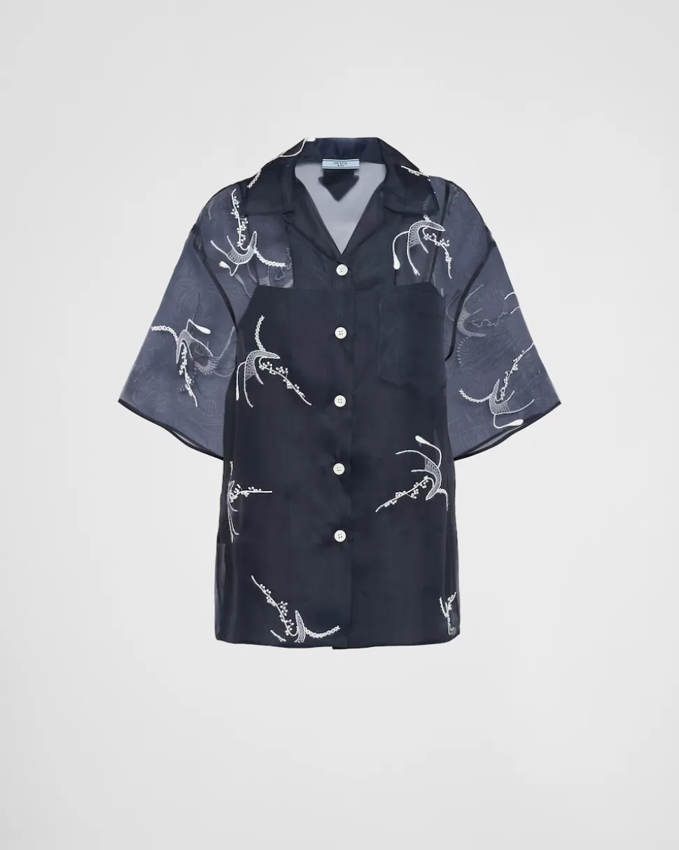 Prada Camisa De Organza Bordada^Mujer CAMISAS Y TOPS