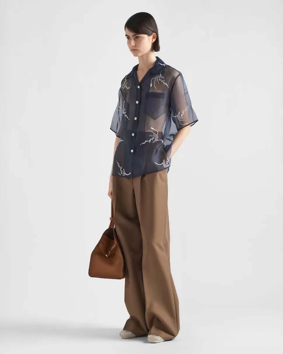 Prada Camisa De Organza Bordada^Mujer CAMISAS Y TOPS