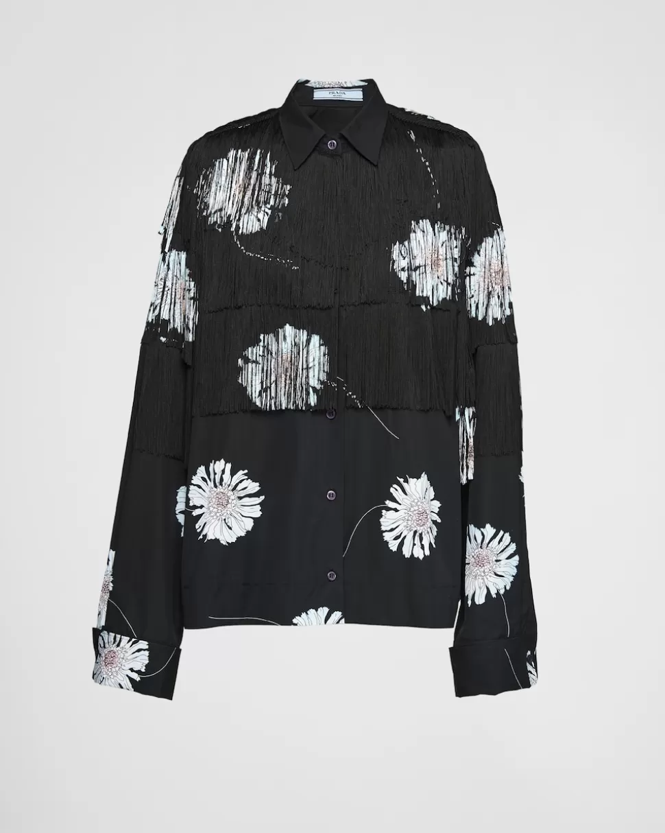 Prada Camisa De Popelín Estampada Con Flecos^Mujer CAMISAS Y TOPS
