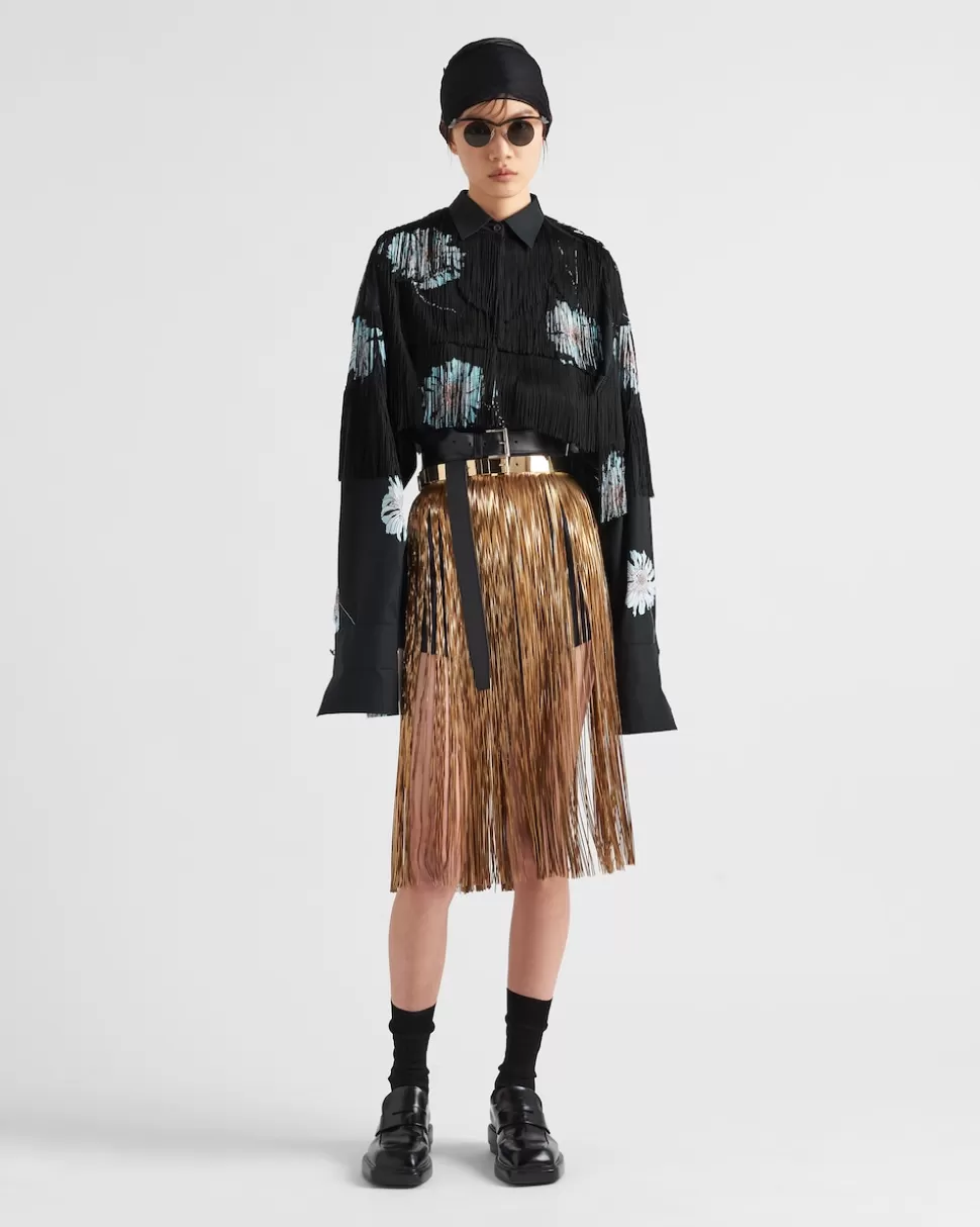 Prada Camisa De Popelín Estampada Con Flecos^Mujer CAMISAS Y TOPS