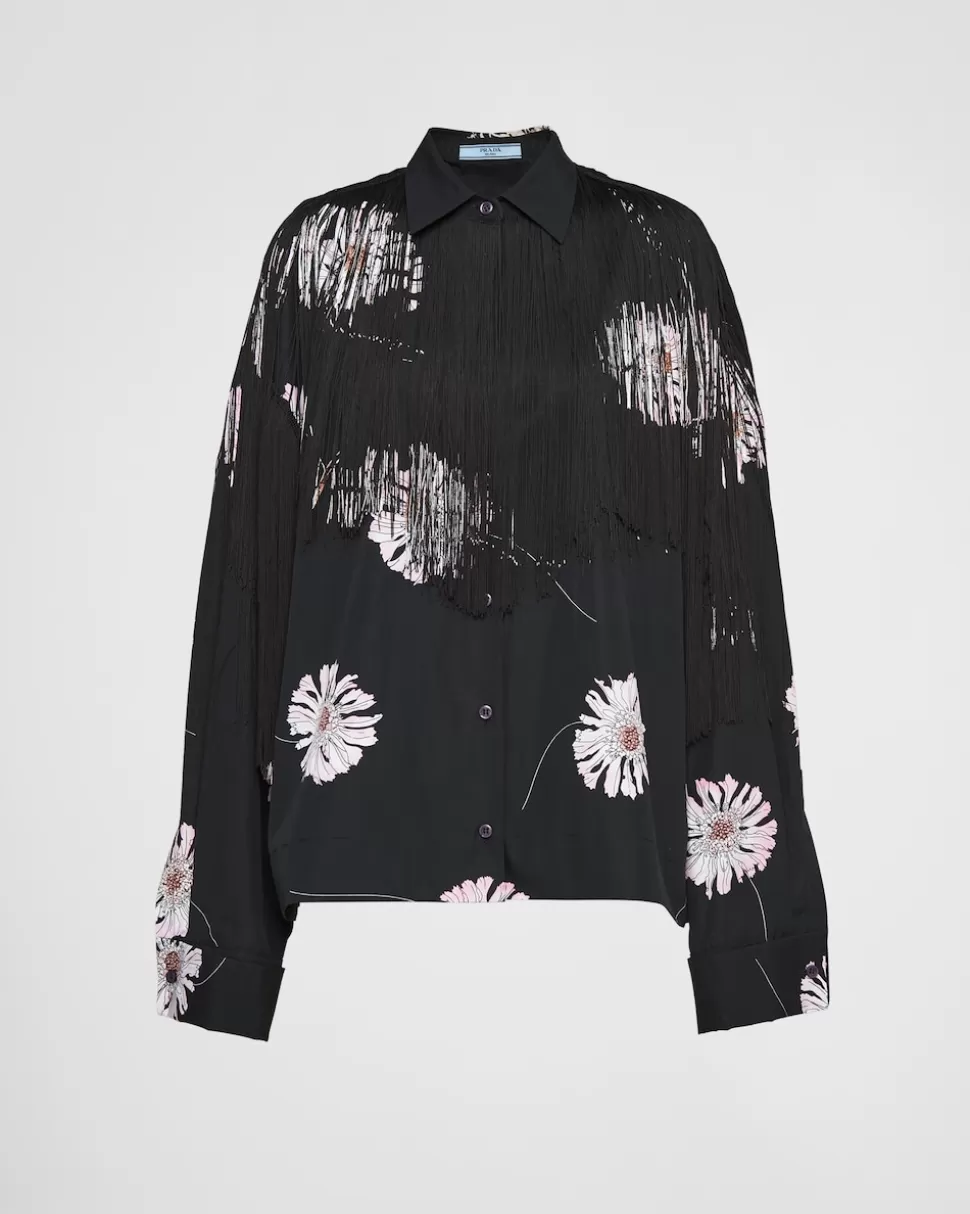 Prada Camisa De Popelín Estampada Con Flecos^Mujer CAMISAS Y TOPS