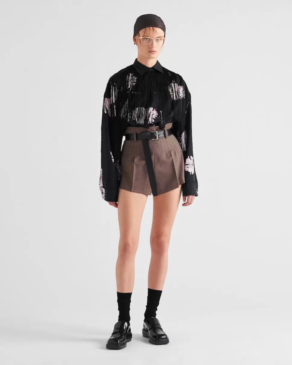 Prada Camisa De Popelín Estampada Con Flecos^Mujer CAMISAS Y TOPS