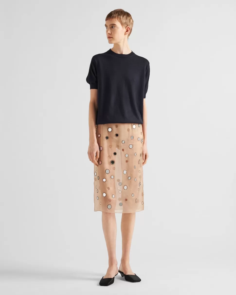 Prada Falda Midi De Organza Decorada Con Espejos^Mujer FALDAS