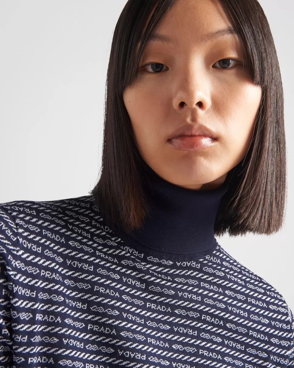 Prada Jersey De Cuello Alto De Lana Superfina Con Logo De Intarsia^Mujer TEJIDOS DE PUNTO