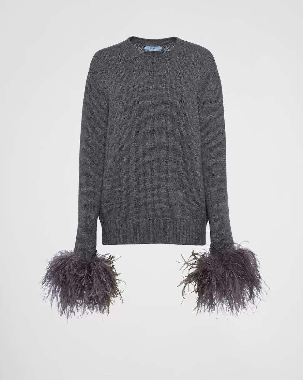 Prada Jersey De Cuello Redondo De Cachemir Con Ribete De Plumas^Mujer TEJIDOS DE PUNTO