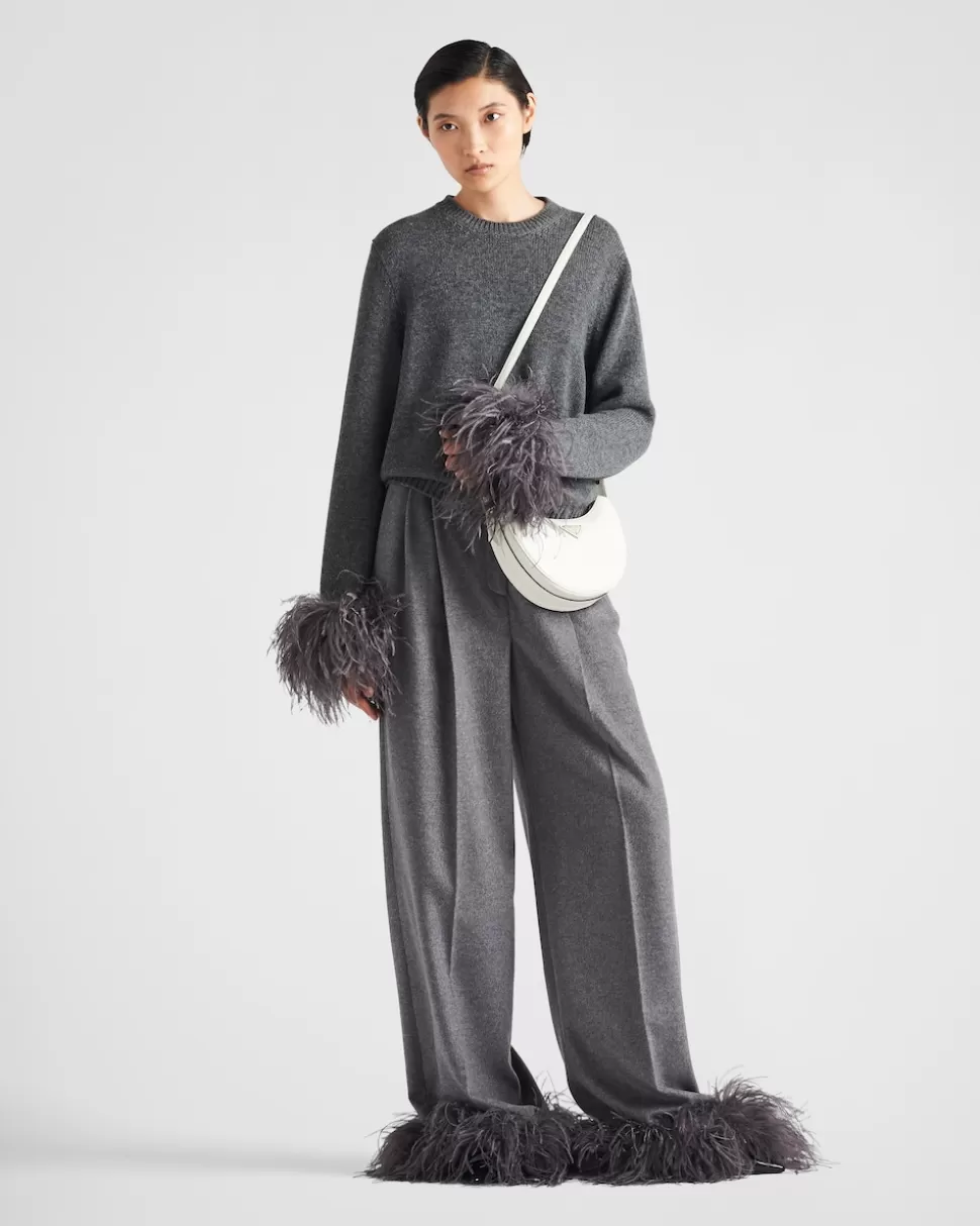 Prada Jersey De Cuello Redondo De Cachemir Con Ribete De Plumas^Mujer TEJIDOS DE PUNTO