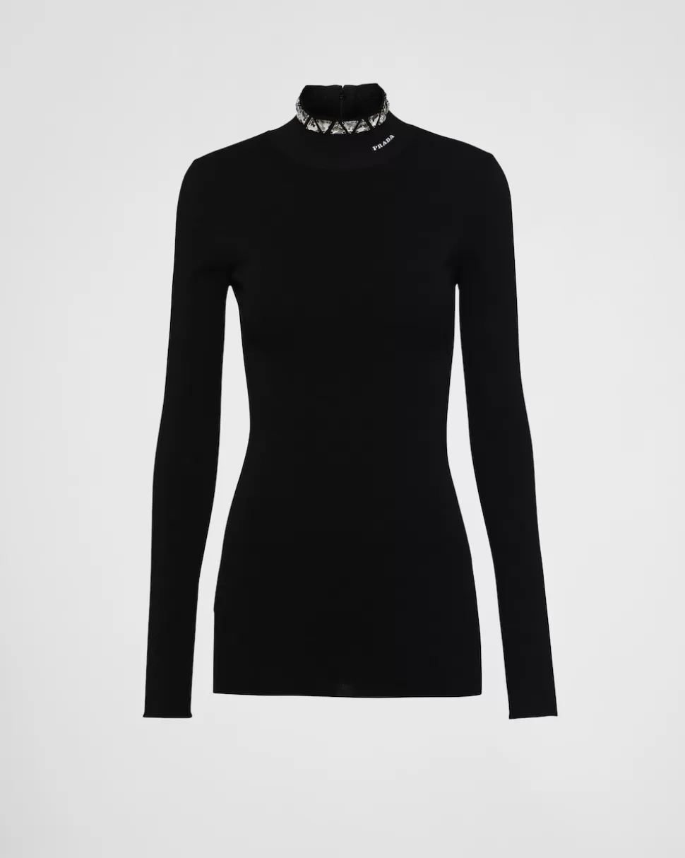 Prada Jersey De Viscosa Con Cuello Alto Y Cristales^Mujer TEJIDOS DE PUNTO