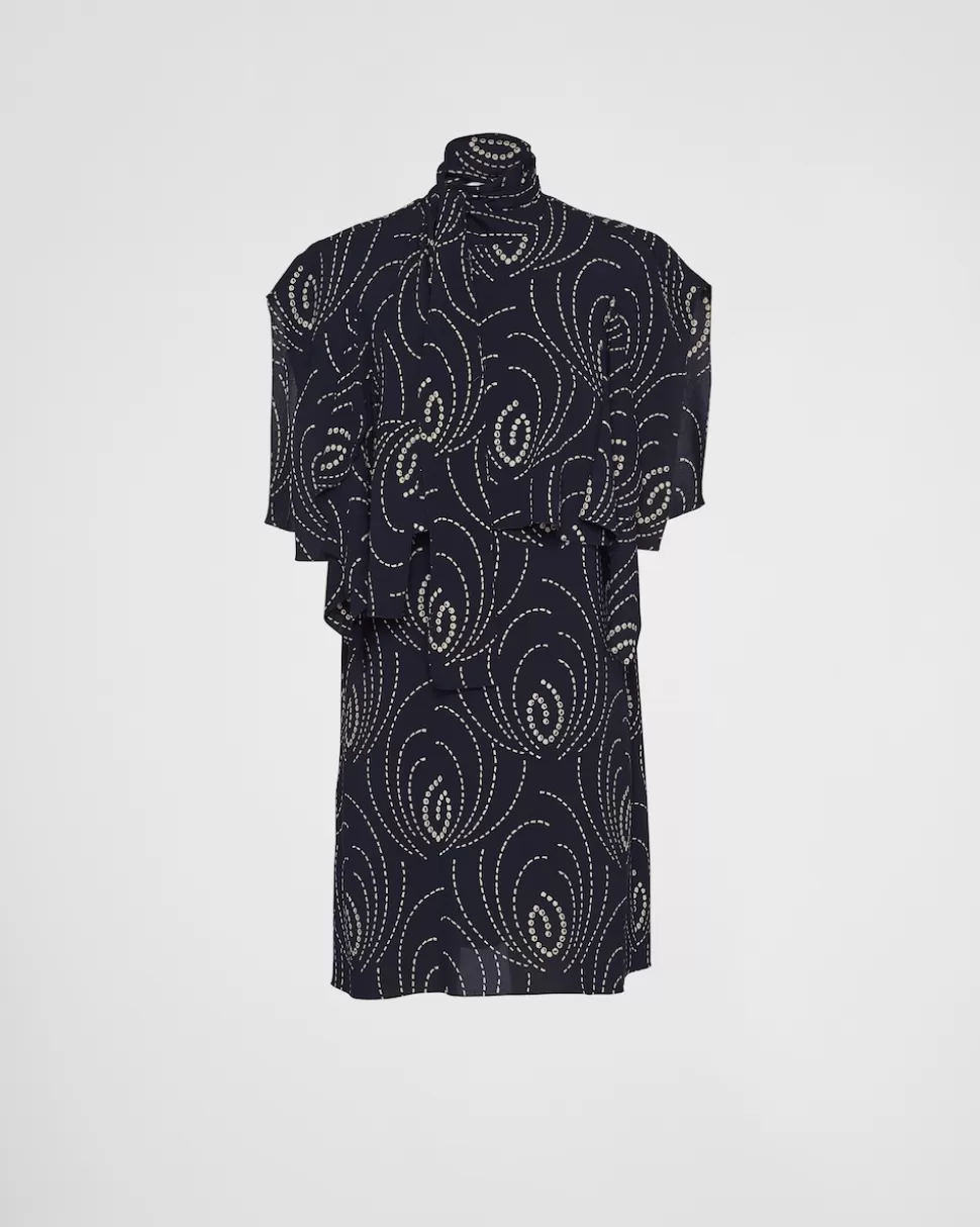 Prada Minivestido De Sablé Estampado Con Cuello Con Lazo^Mujer VESTIDOS