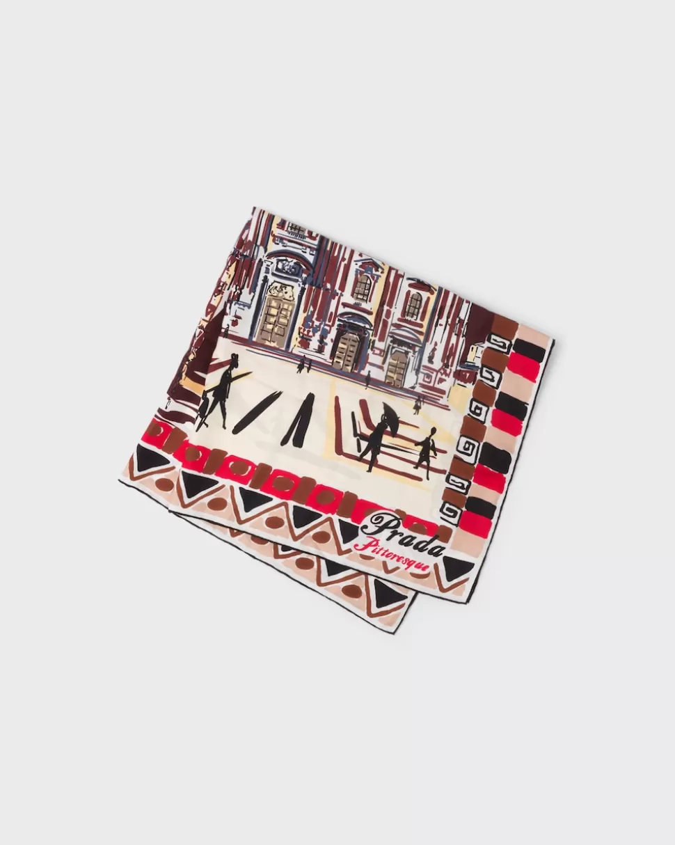 Prada Pañuelo Seda Estampado Pittoresque Milán 90^Mujer BUFANDAS Y PAÑUELOS