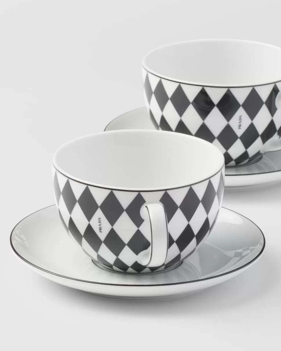Prada Set De Dos Tazas De Capuchino De Porcelana - Checkerboard^ TÉ Y CAFÉ