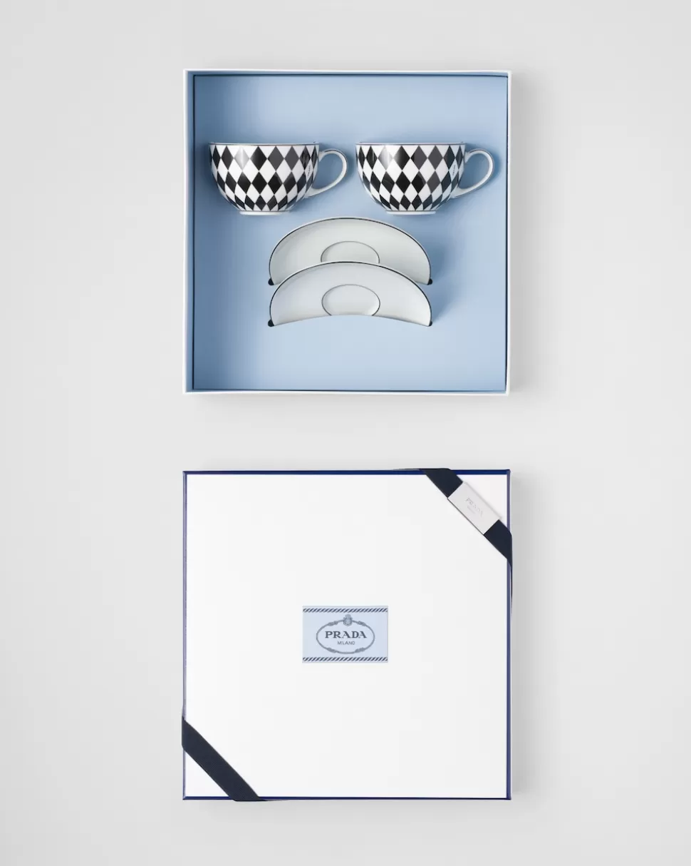 Prada Set De Dos Tazas De Capuchino De Porcelana - Checkerboard^ TÉ Y CAFÉ