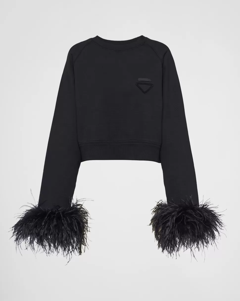 Prada Sudadera De Cuello Redondo Con Ribete De Plumas^Mujer CAMISETAS Y SUDADERAS