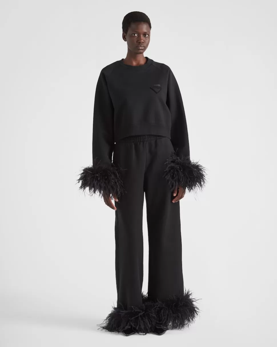 Prada Sudadera De Cuello Redondo Con Ribete De Plumas^Mujer CAMISETAS Y SUDADERAS