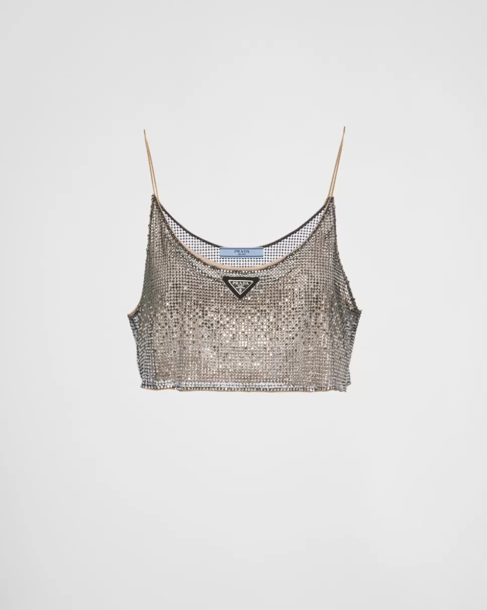 Prada Top De Malla Bordado Con Pedrería^Mujer CAMISAS Y TOPS